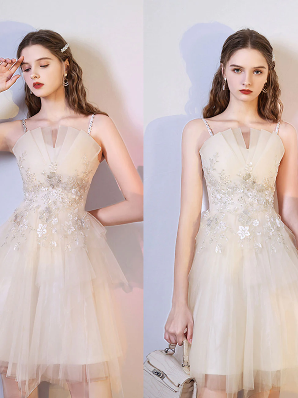 Champagne Tulle with Lace Short Homecoming Dress