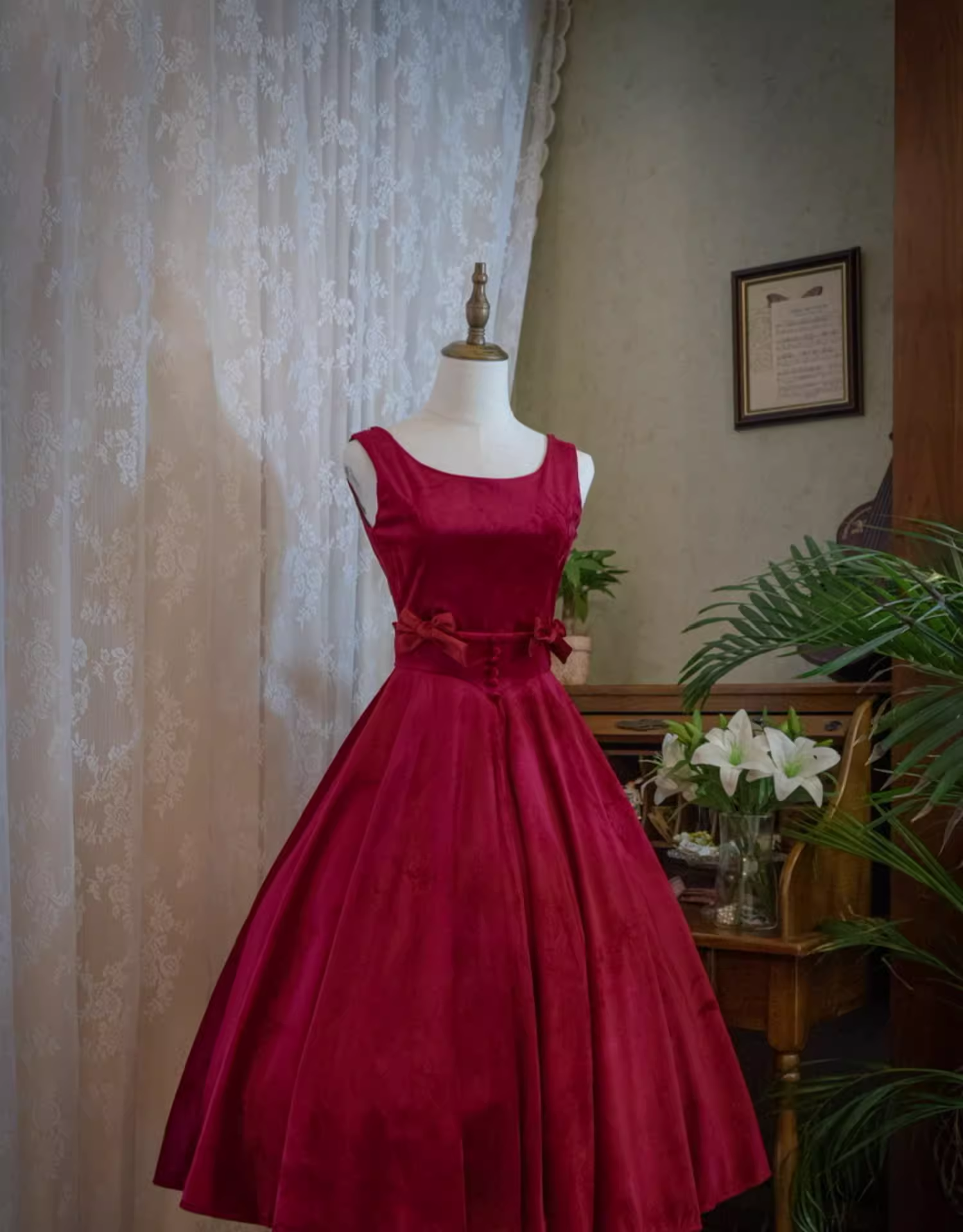 Wine Red Satin Tea Length Party Dress with Bow