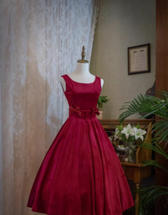 Wine Red Satin Tea Length Party Dress with Bow