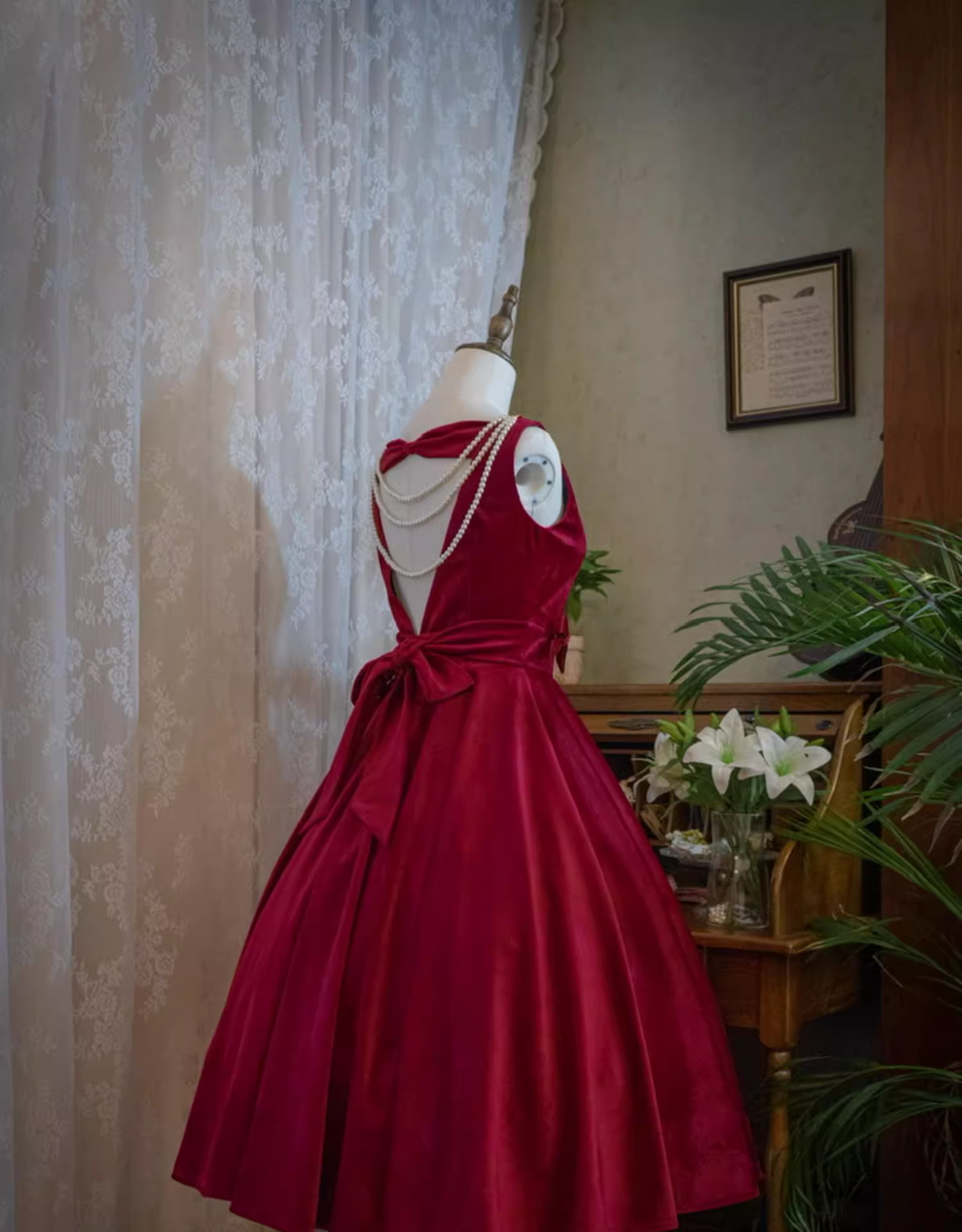 Wine Red Satin Tea Length Party Dress with Bow