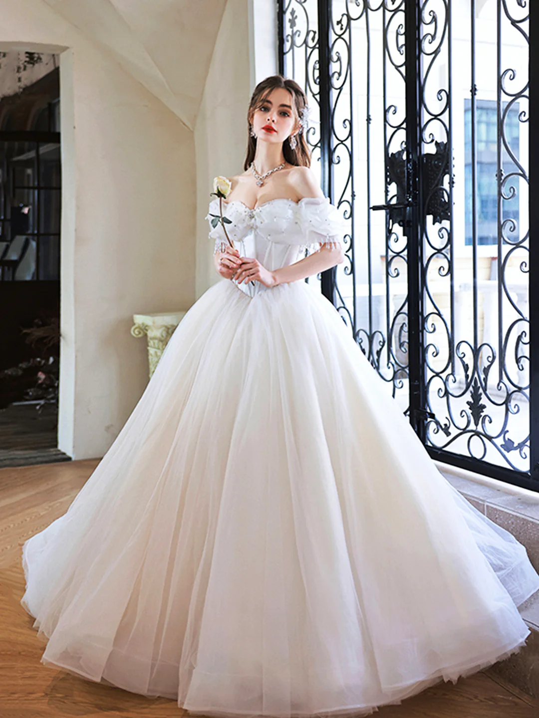 White Off Shoulder Sweetheart Beaded Long Party Dress
