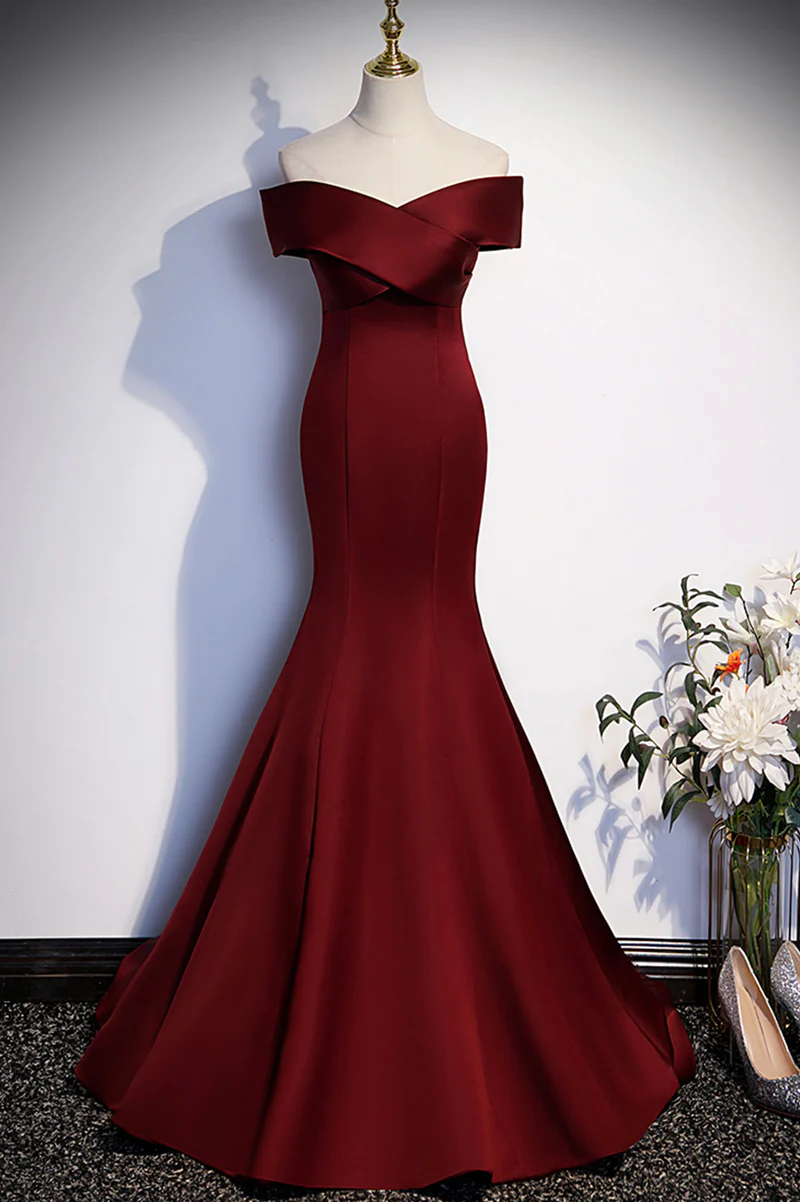 Vestido de fiesta largo de sirena color rojo vino 
