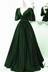 Green Satin Short Sleeves Long Party Dress