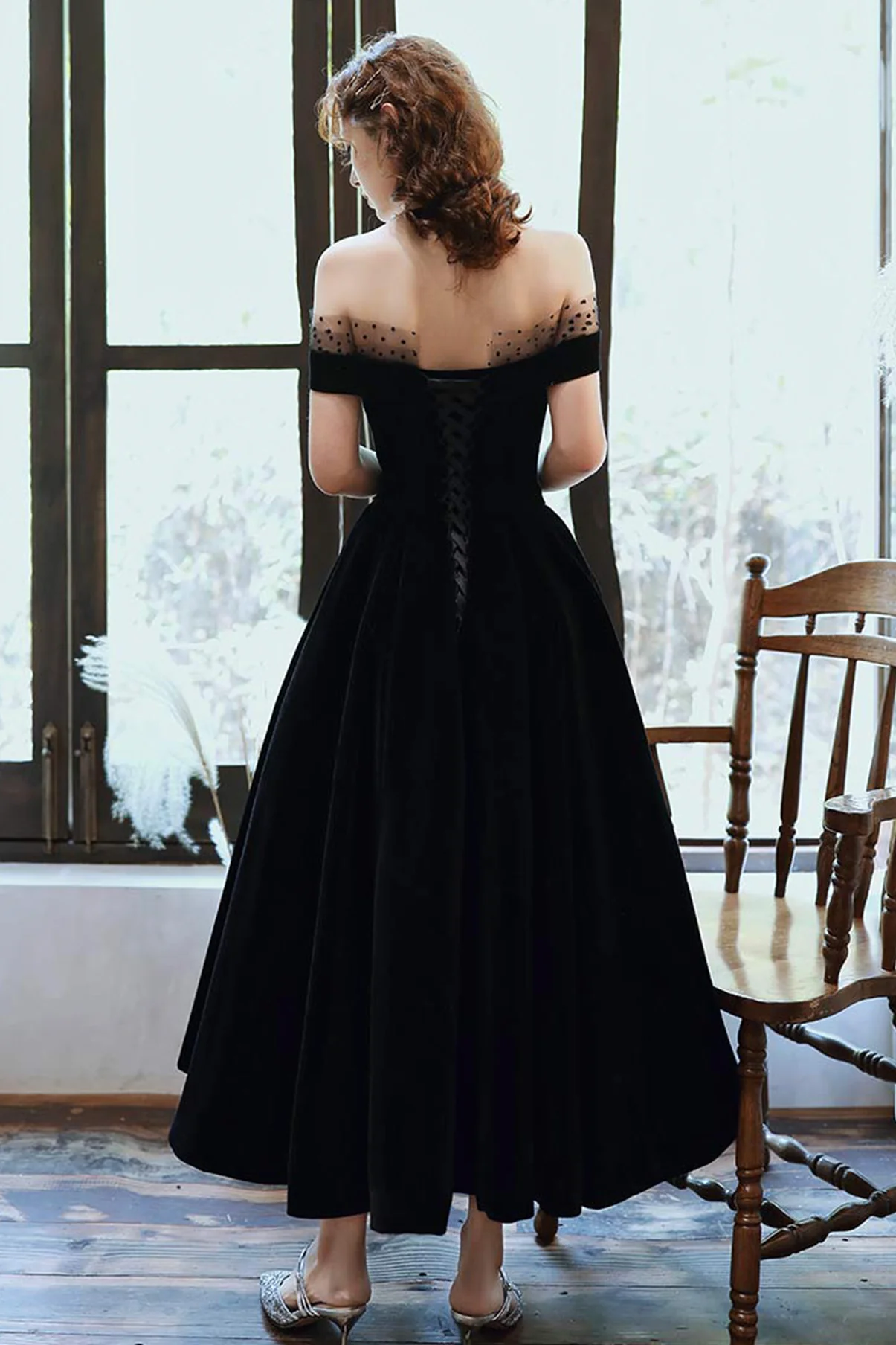 Off Shoulder Black Velvet Party Dress
