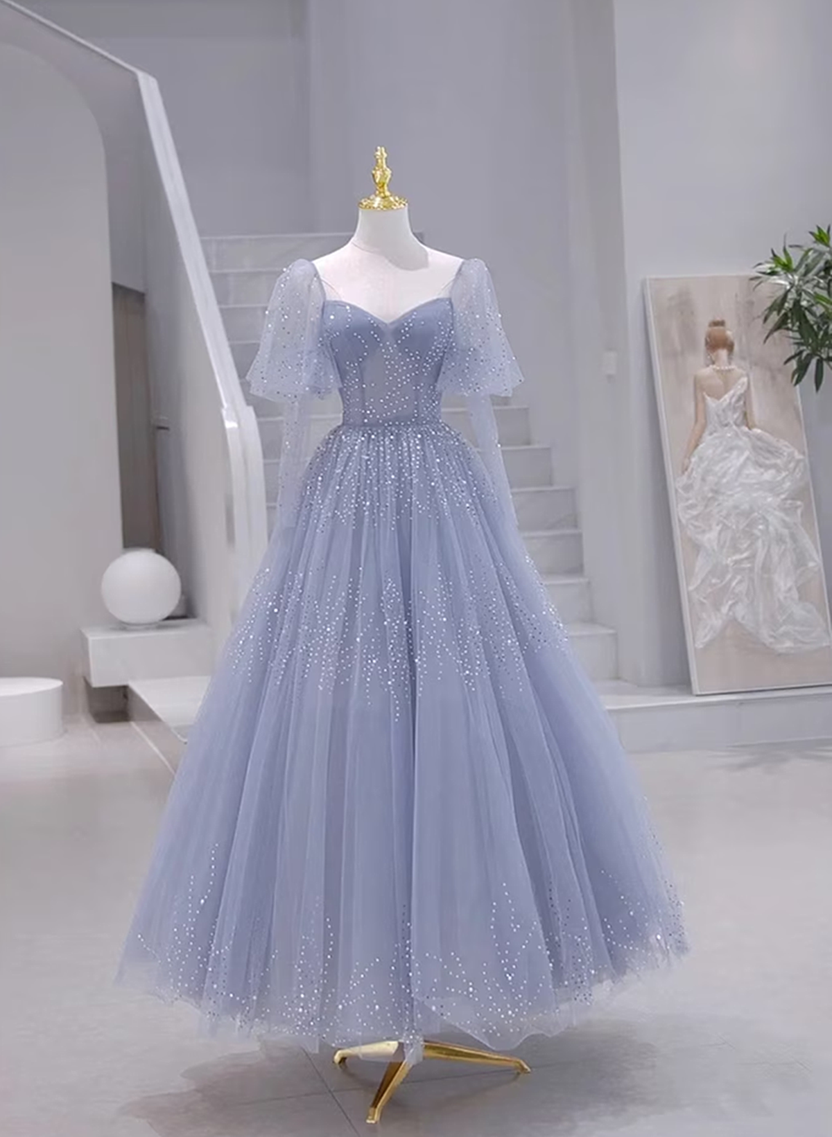 Blue Short Sleeves Tulle Long Sweetheart Party Dress