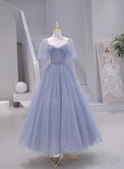 Blue Short Sleeves Tulle Long Sweetheart Party Dress