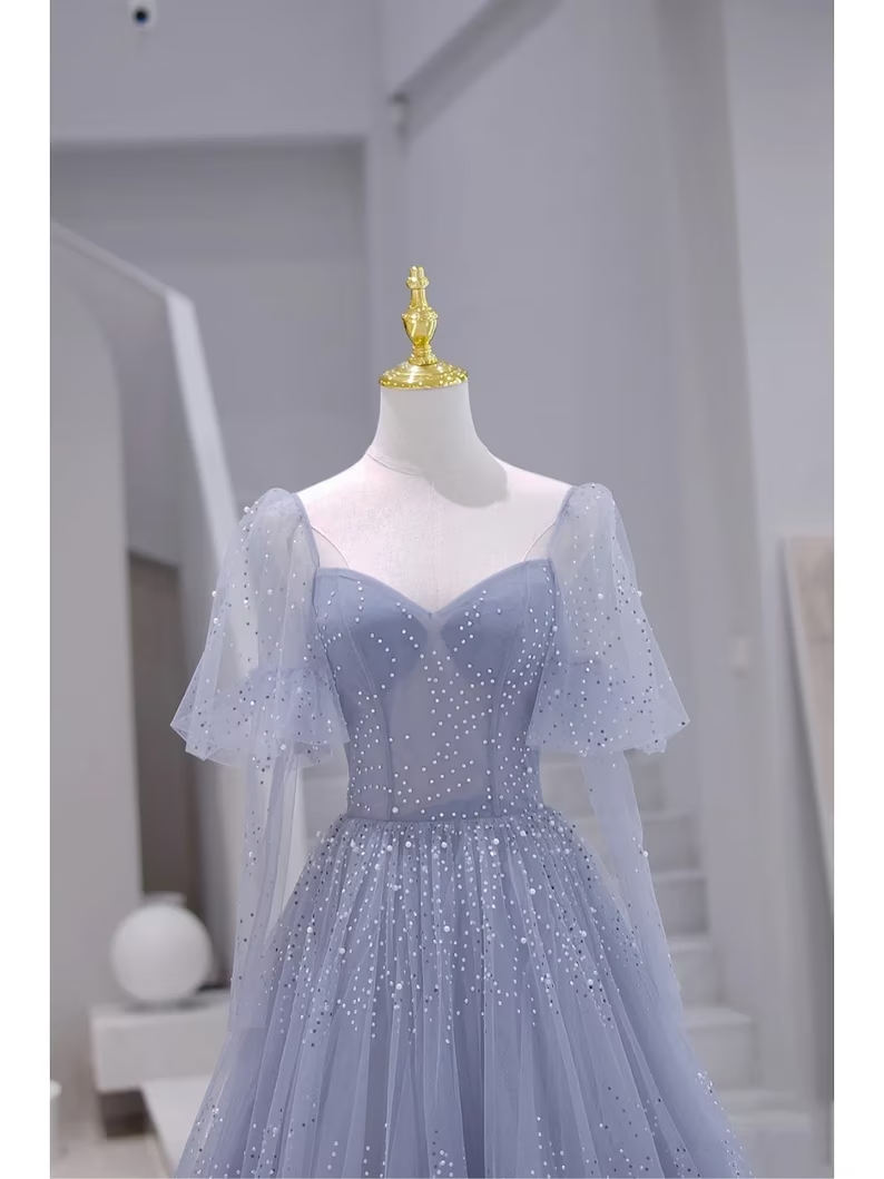 Blue Short Sleeves Tulle Long Sweetheart Party Dress