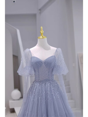 Blue Short Sleeves Tulle Long Sweetheart Party Dress