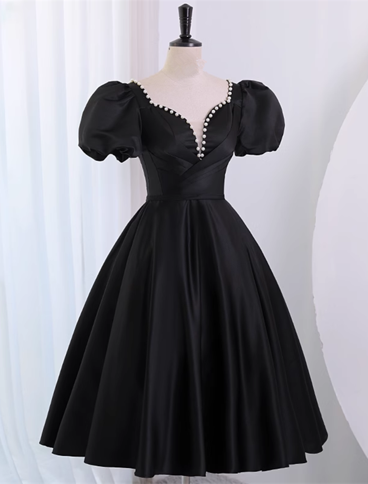 Black Satin Short Sleeves Knee Length Party Dress