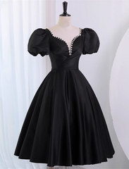 Black Satin Short Sleeves Knee Length Party Dress