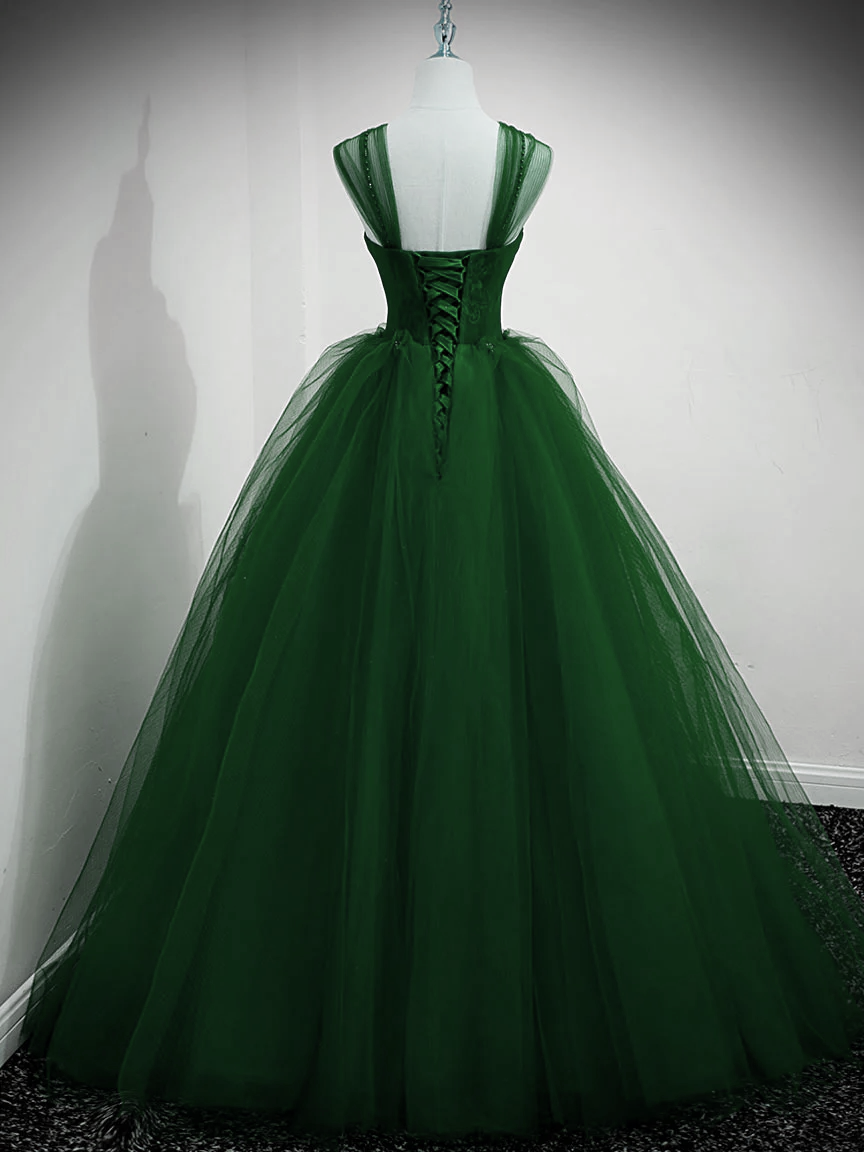 Vestido de fiesta largo con hombros descubiertos de tul verde con cuentas 