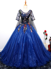 Blue Ball Gown Tulle with Lace Short Sleeves Party Dress