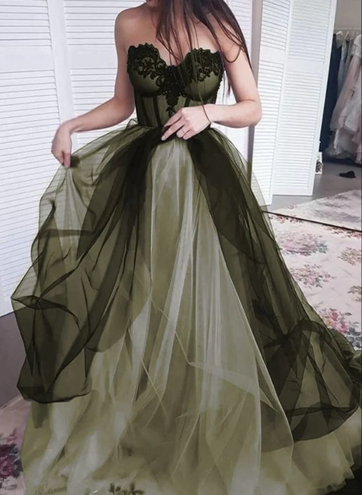 Black and Green Tulle Sweetheart A-line Prom Dress