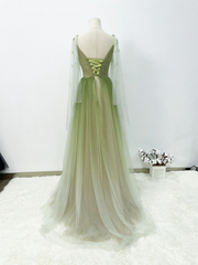 A-line Green Gradient Puffy Sleeves Tulle Long Party Dress