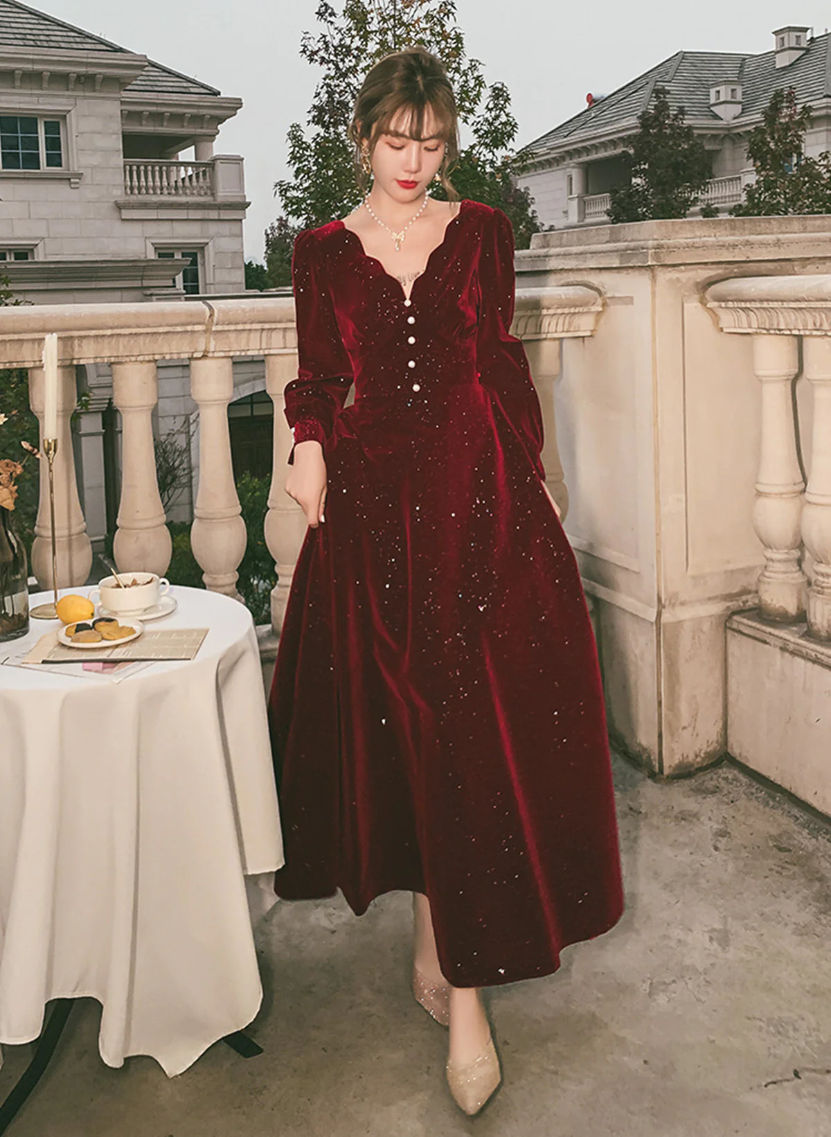Wine Red Velvet Long Sleeves Party Dress