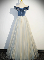 Vestido de fiesta largo azul grisáceo con hombros descubiertos y corte A 