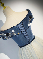 Vestido de fiesta largo azul grisáceo con hombros descubiertos y corte A 