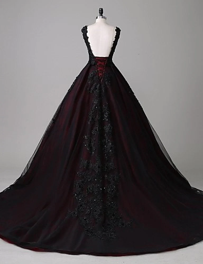 Black and Red Backless Tulle Long Formal Gown