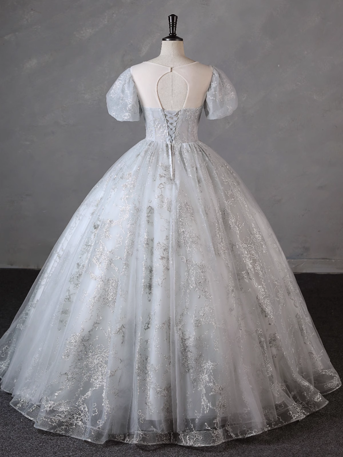 Grey Short Sleeves Tulle Ball Gown Prom Dress