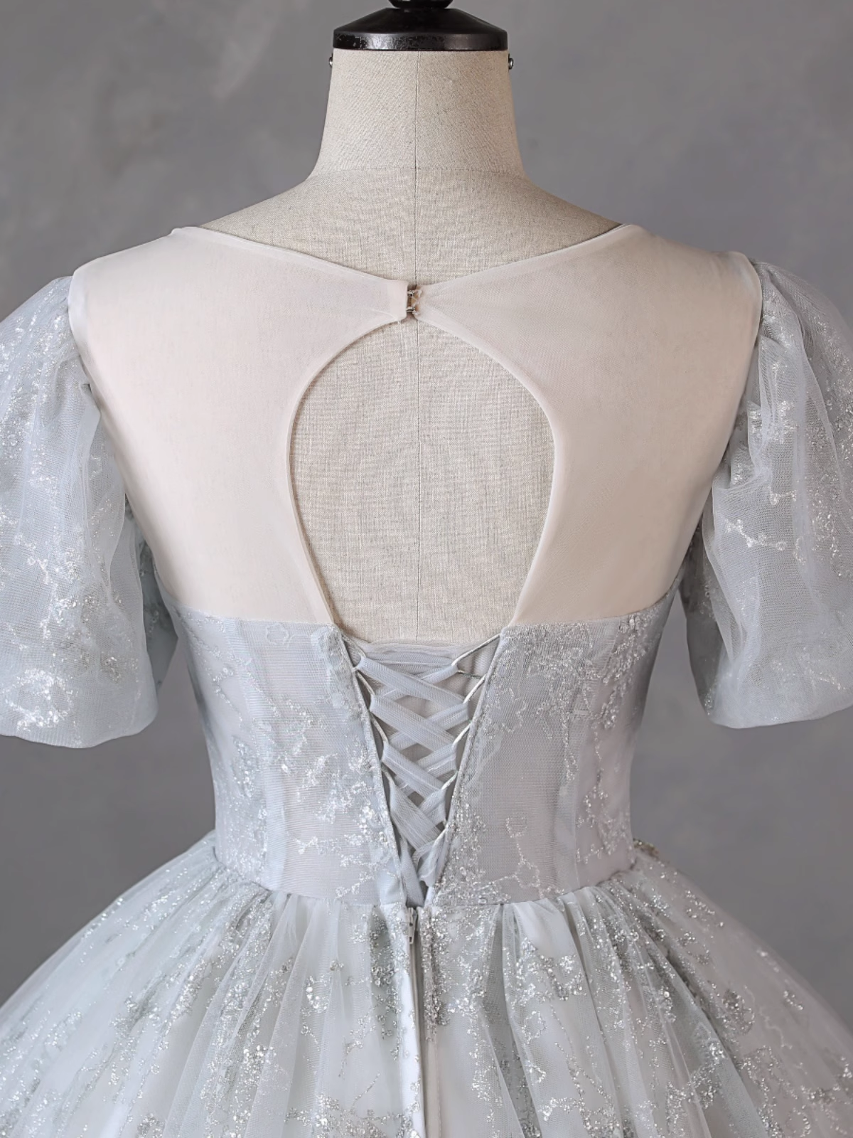 Grey Short Sleeves Tulle Ball Gown Prom Dress