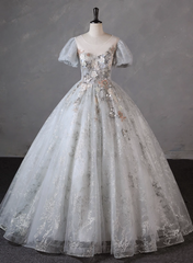 Grey Short Sleeves Tulle Ball Gown Prom Dress