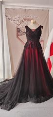 Black and Red Tulle V-neckline Beaded Party Dress