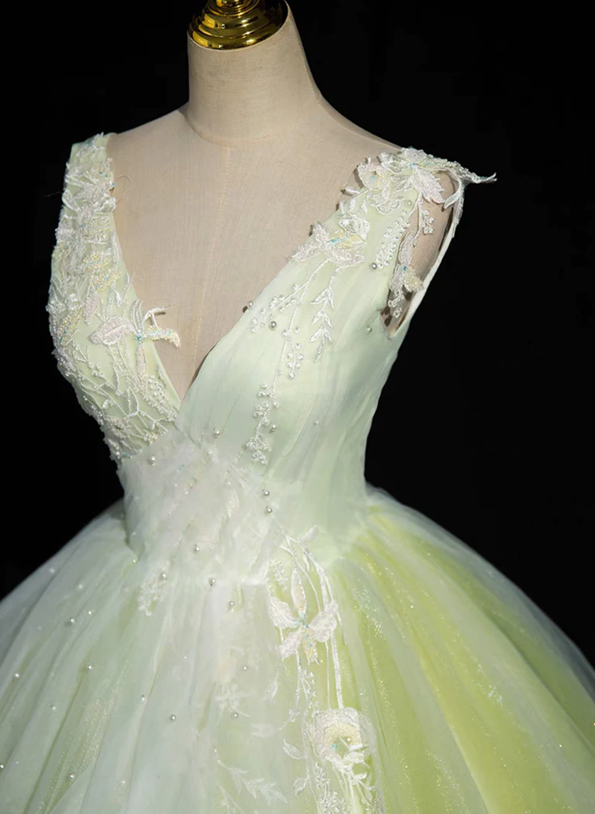 Light Green V-neckline Tulle Long Party Dress
