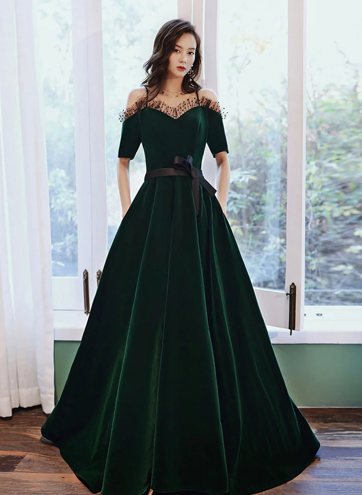 Green Off Shoulder Velvet Long Party Dress