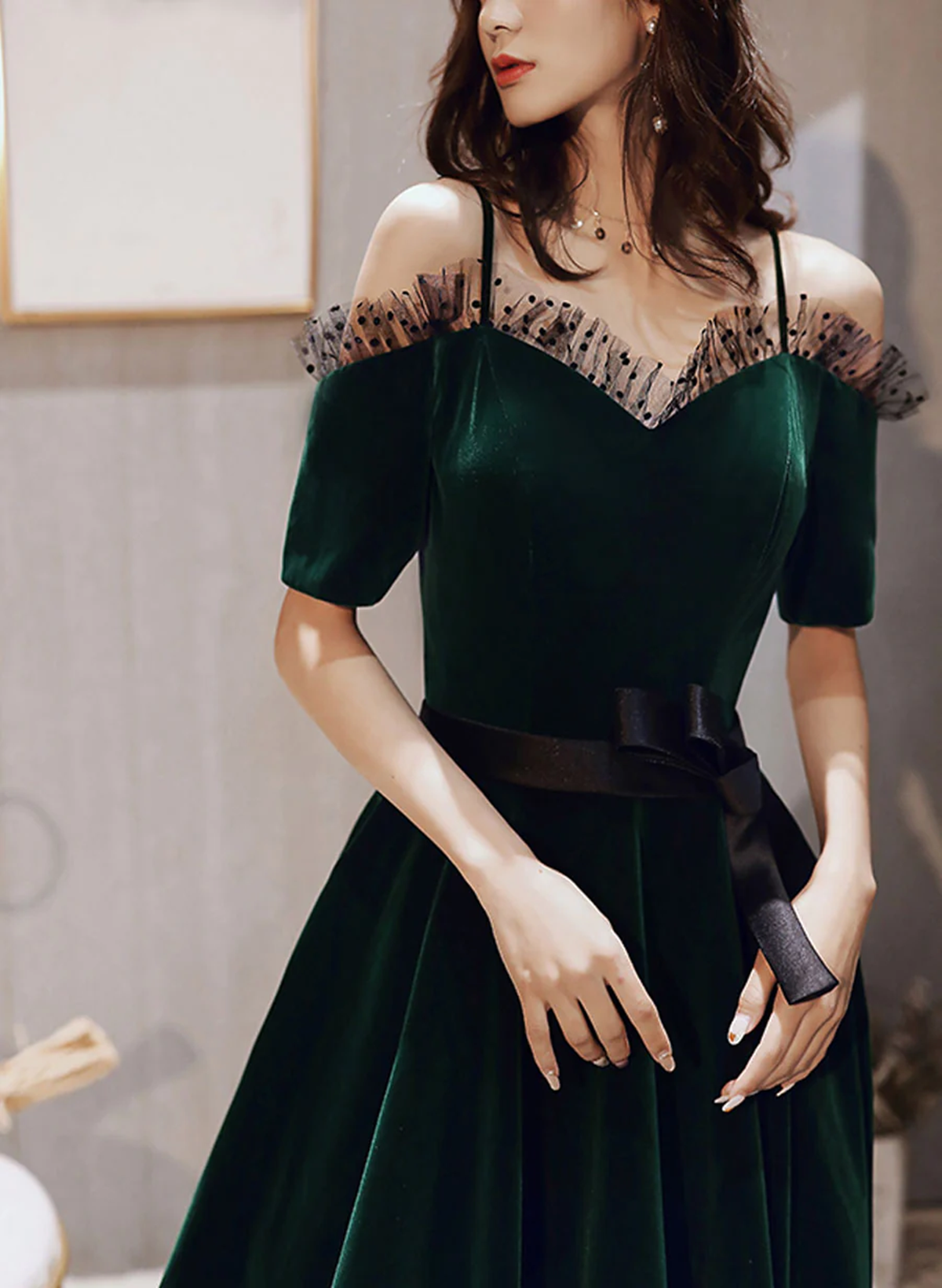 Green Off Shoulder Velvet Long Party Dress