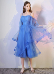 Blue Tulle Straps Beaded Layers Tea Length Party Dress