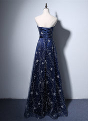 Vestido de noche largo de tul azul marino con corte en A 
