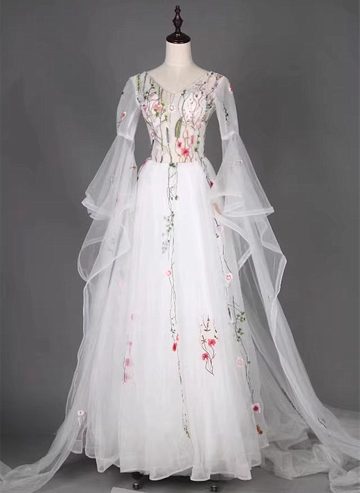 Vestido de fiesta de boda de tul blanco con mangas largas y corte A 
