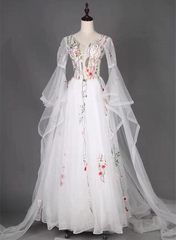 Vestido de fiesta de boda de tul blanco con mangas largas y corte A 