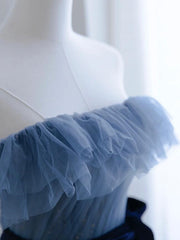 Blue Tulle A-line Off Shoulder Long Party Dress