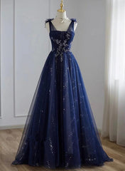 Vestido de fiesta azul marino de tul con cuentas y escote en V, corte A 