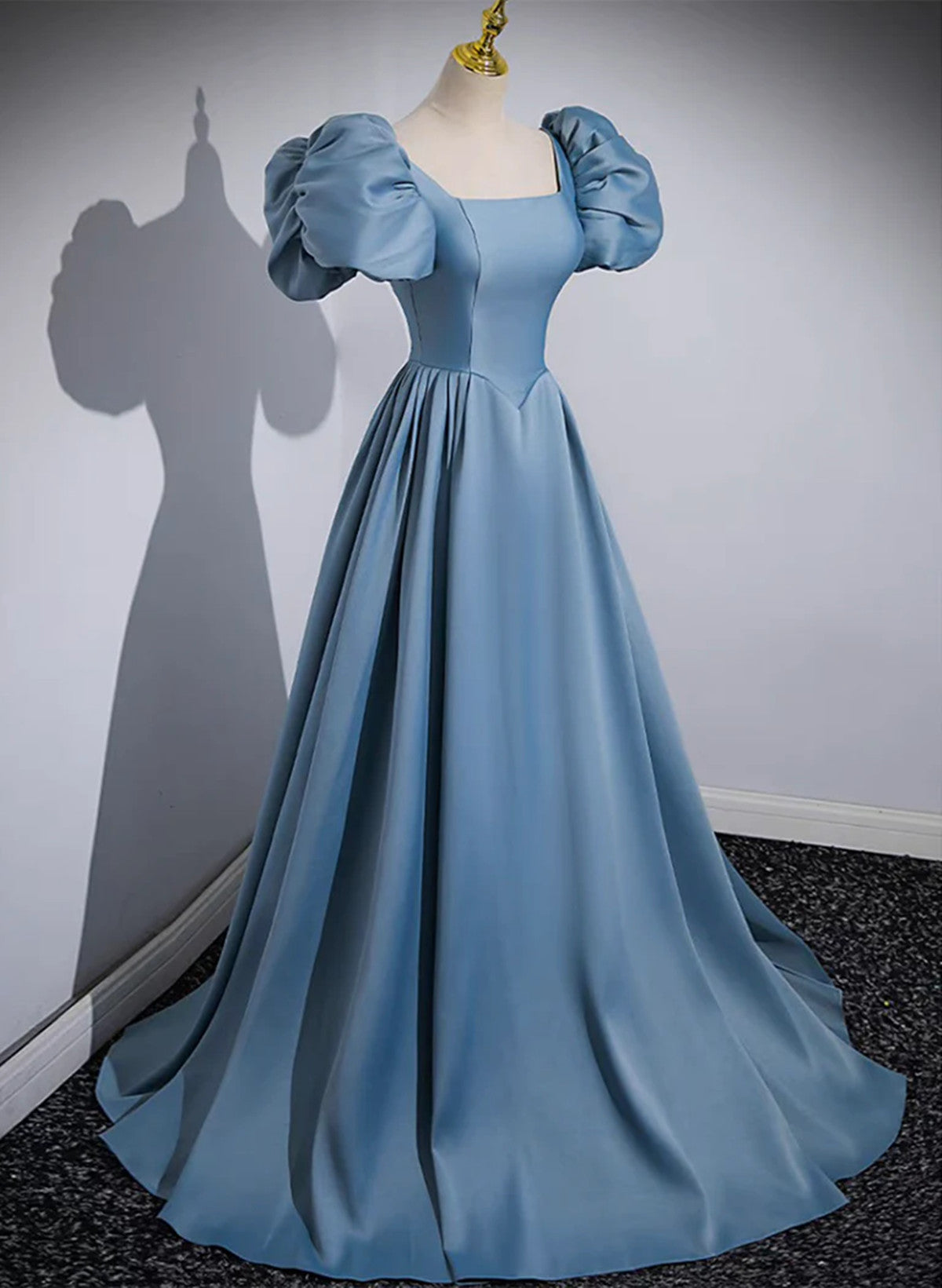 Blue Satin Short Sleeves Long Prom Dress