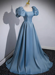 Blue Satin Short Sleeves Long Prom Dress