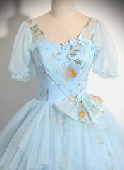 Beautiful Blue Tulle Short Sleeves Sweet 16 Dress with Bow