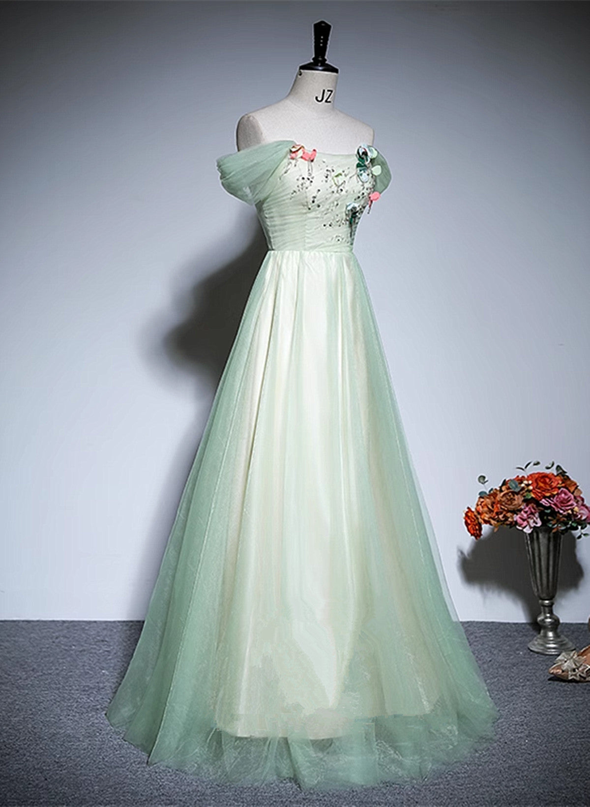Light Green Tulle Off Shoulder A-line Prom Dress