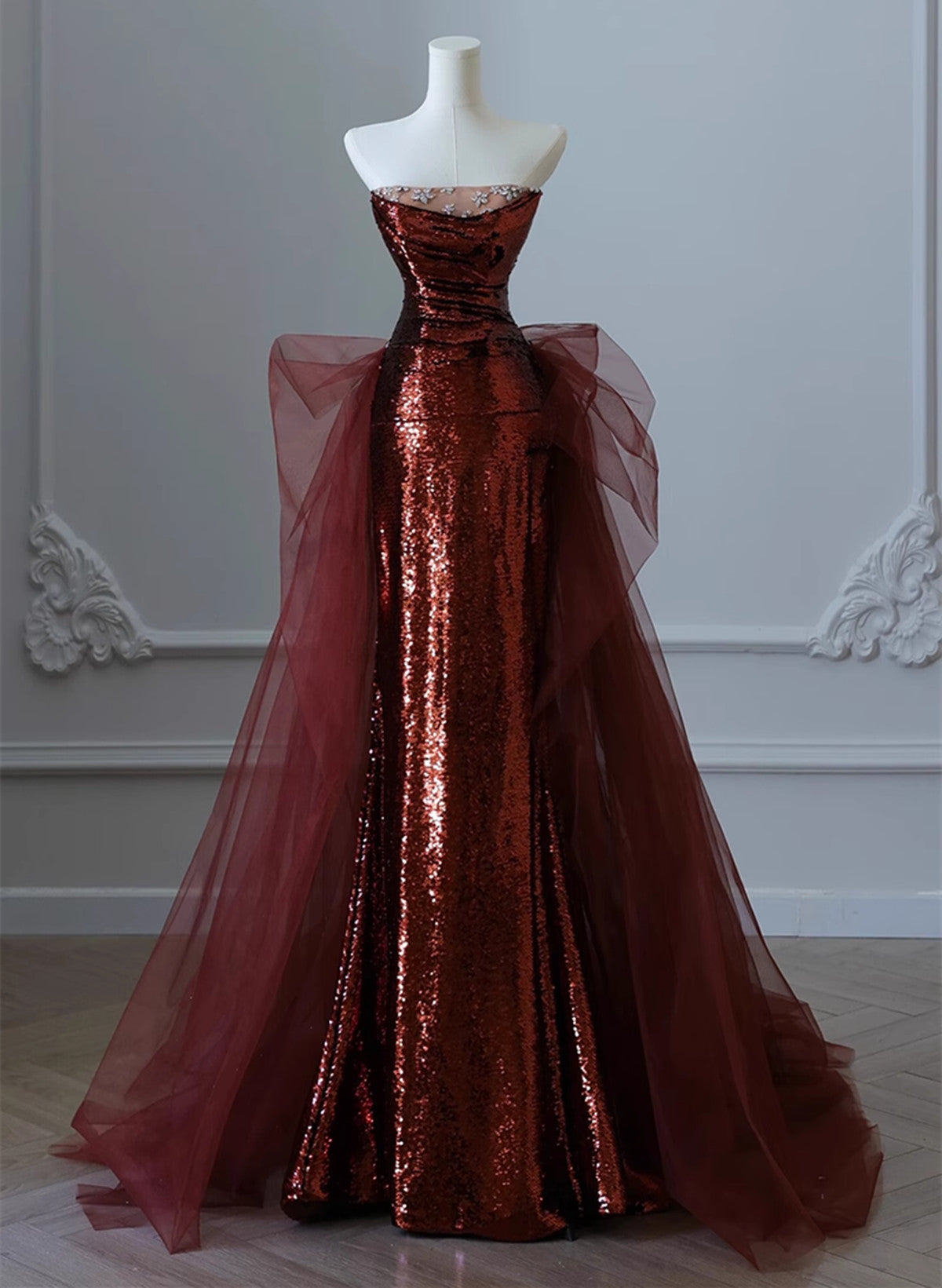 Wine Red Sequins and Tulle Long Formal Dress
