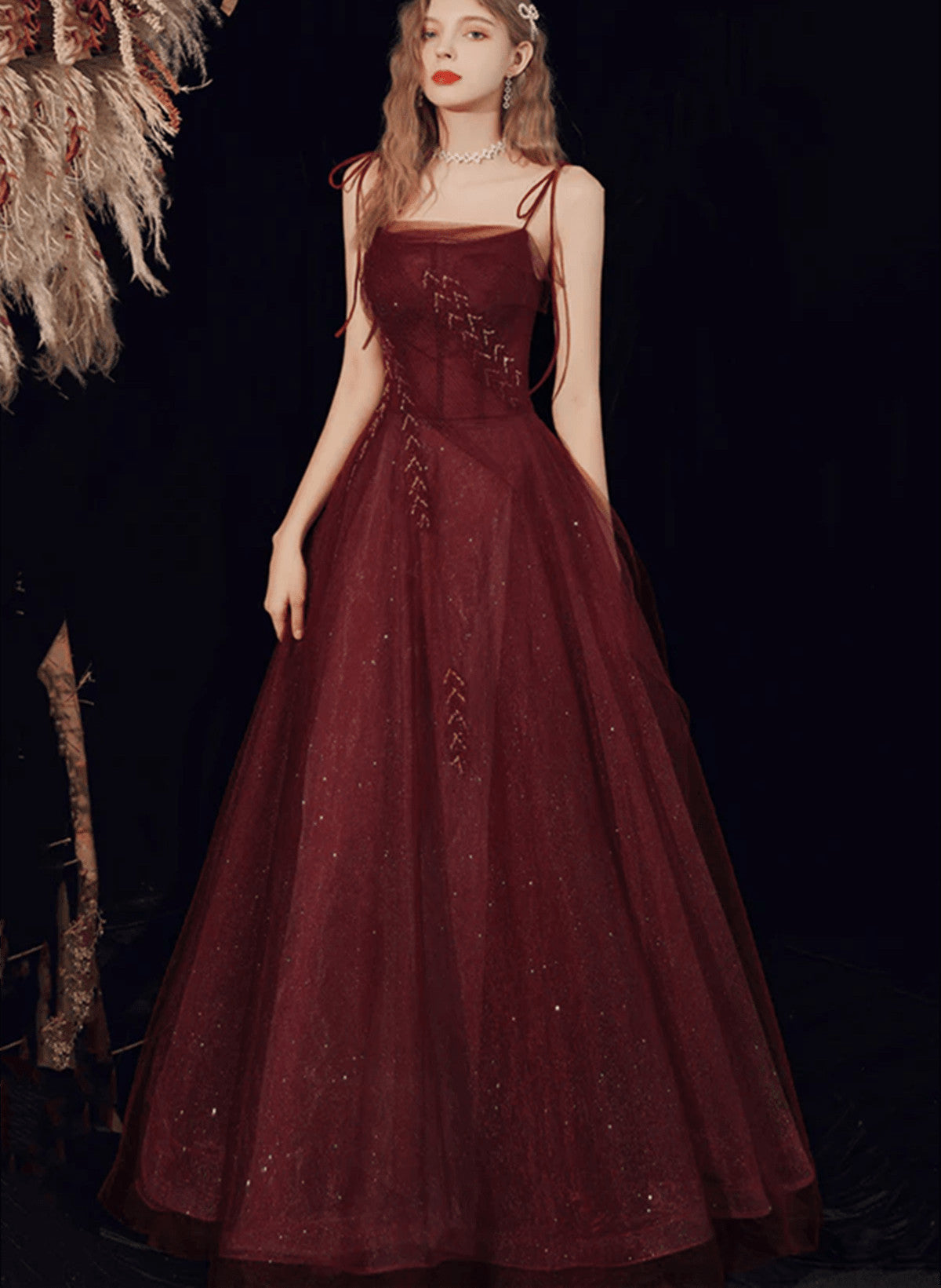 Wine Red Straps Tulle Beaded Long Prom Dress