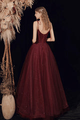 Wine Red Straps Tulle Beaded Long Prom Dress
