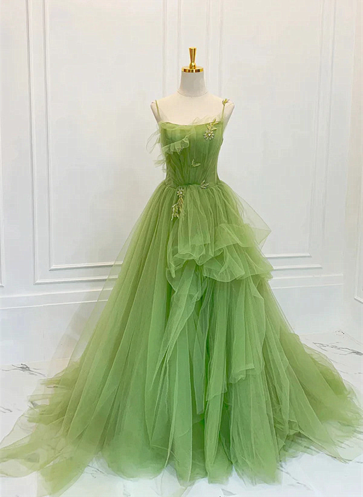 Green Tulle Straps Long Party Dress