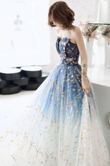 Blue Gradient Beaded A-line Floor Length Party Dress