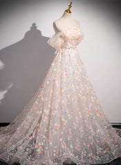 Vestido formal de encaje con flores y hombros descubiertos en forma de A 