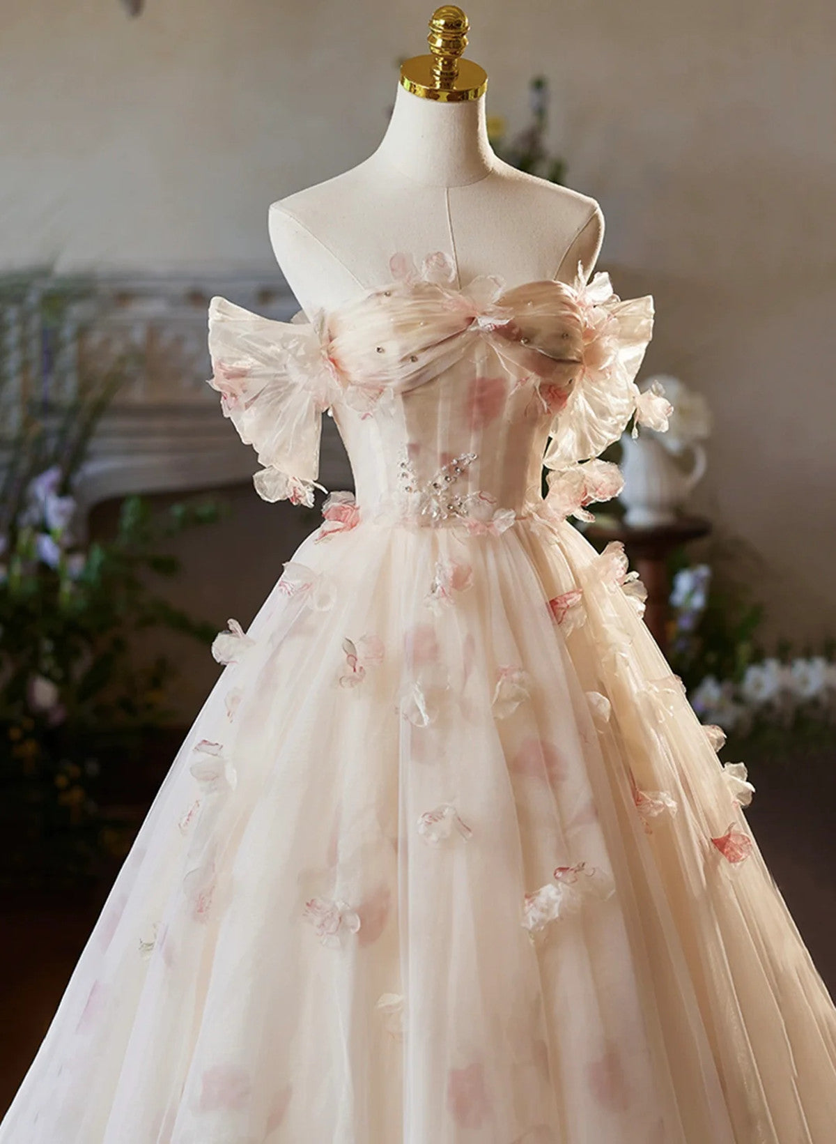 A-line Floral  Champagne Tulle Long Prom Dress