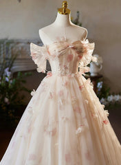 A-line Floral  Champagne Tulle Long Prom Dress