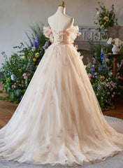 A-line Floral  Champagne Tulle Long Prom Dress