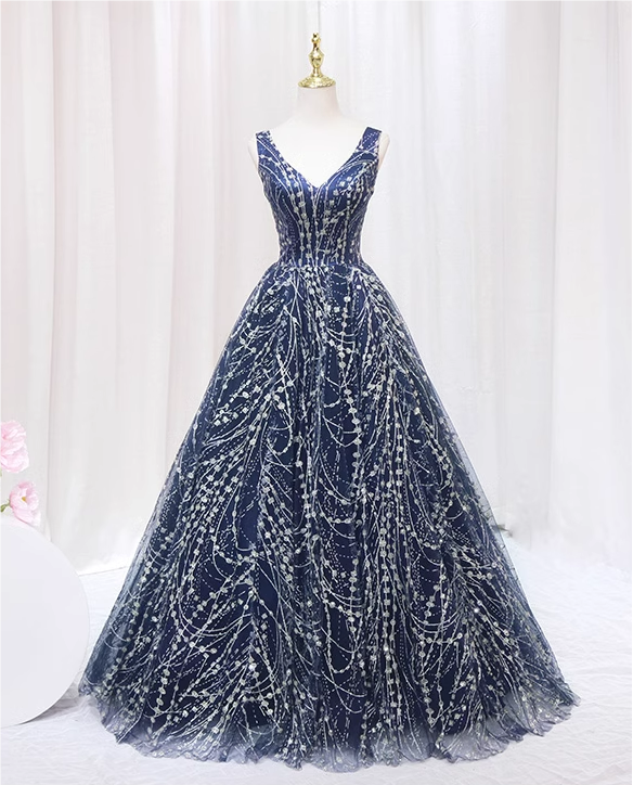 Blue V-neckline Lace Tulle Floor Length Party Dress