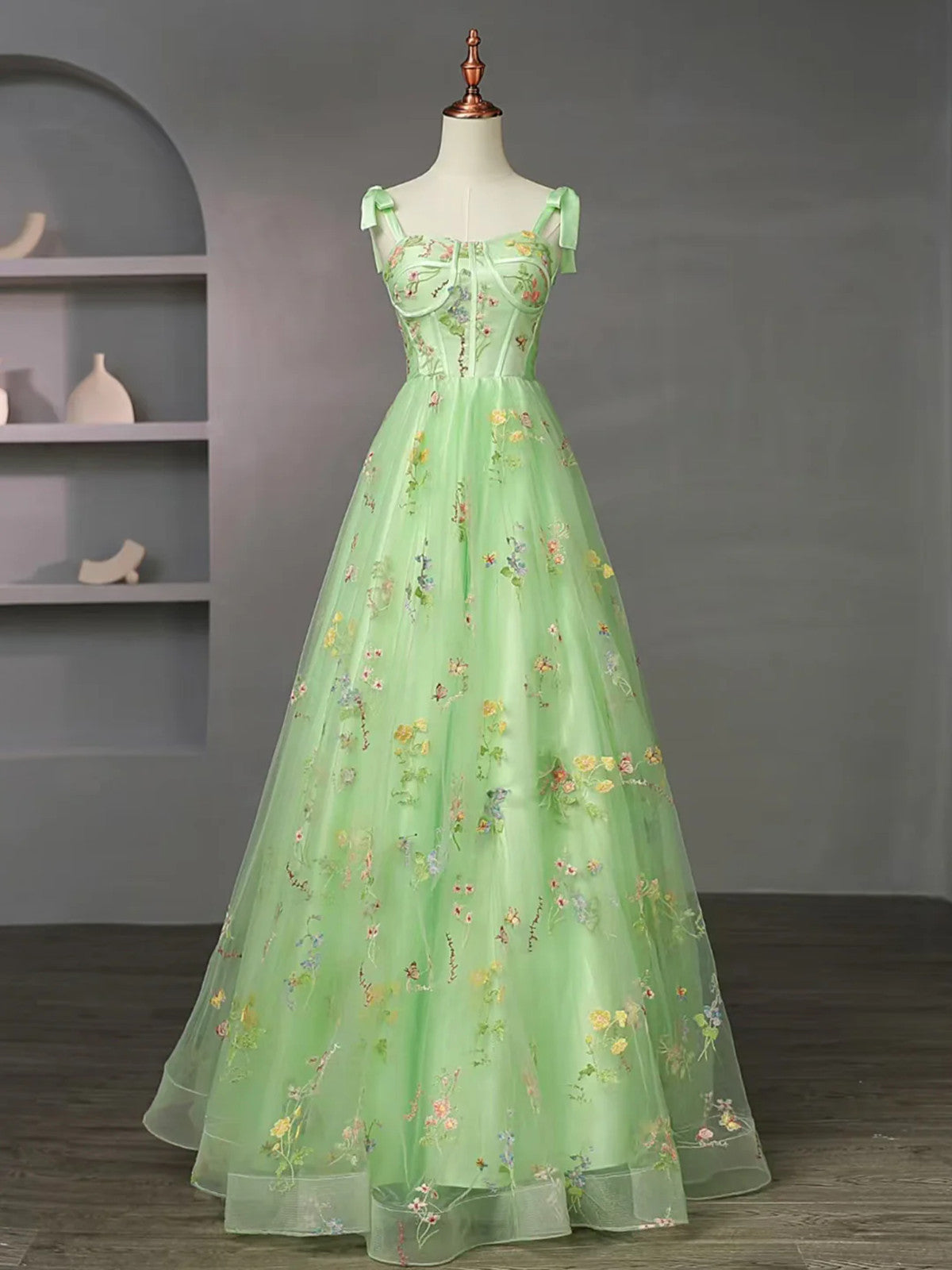 Lovely Light Green Floral Straps Long Formal Dress
